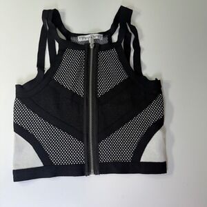 Confetti Black White Bandage Zip Front Crop Top Womens Small Geometric Knit
